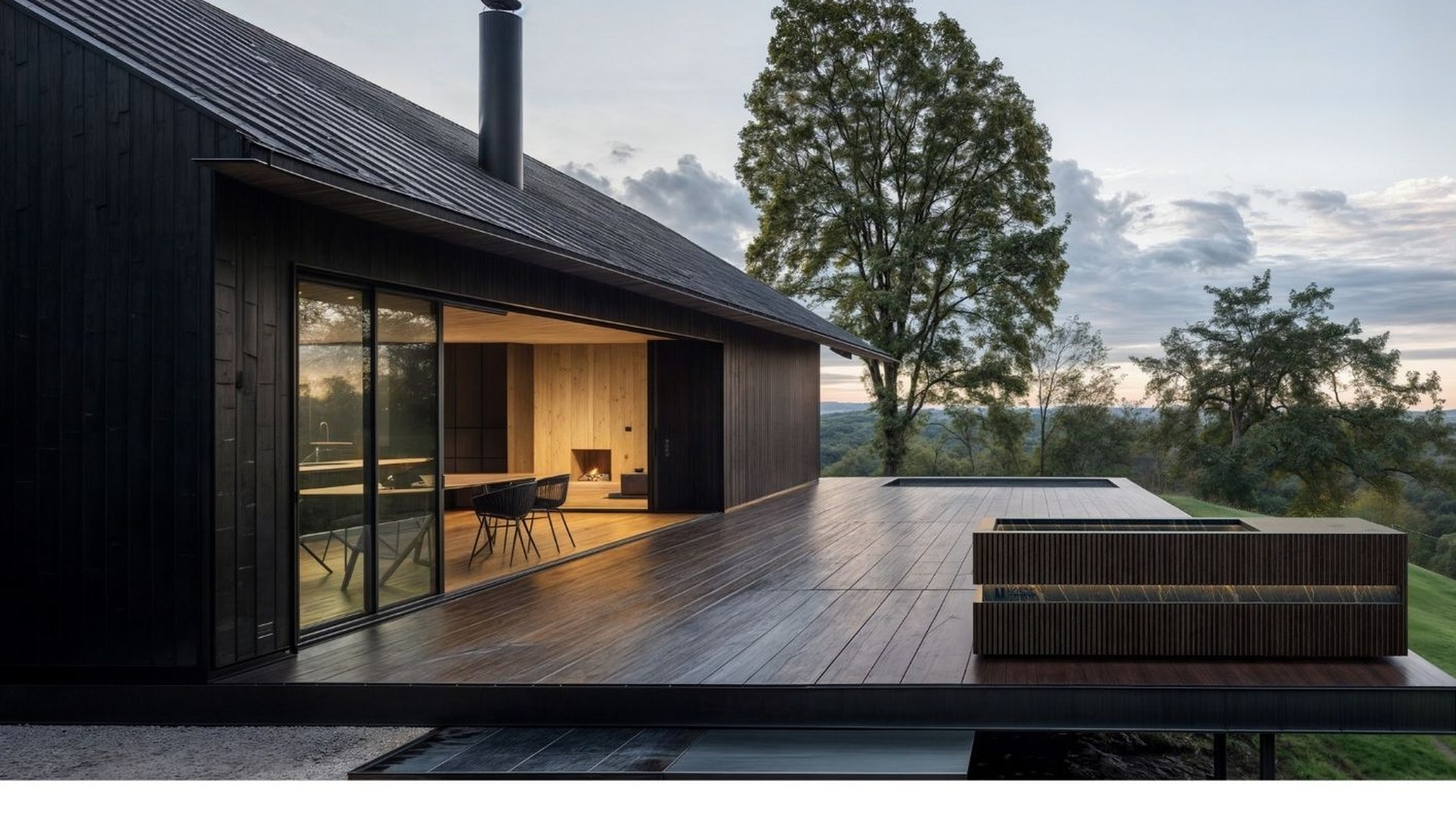 A blackened-timber villa at dusk with an integrated Nordic Vitality cold plunge on the terrace